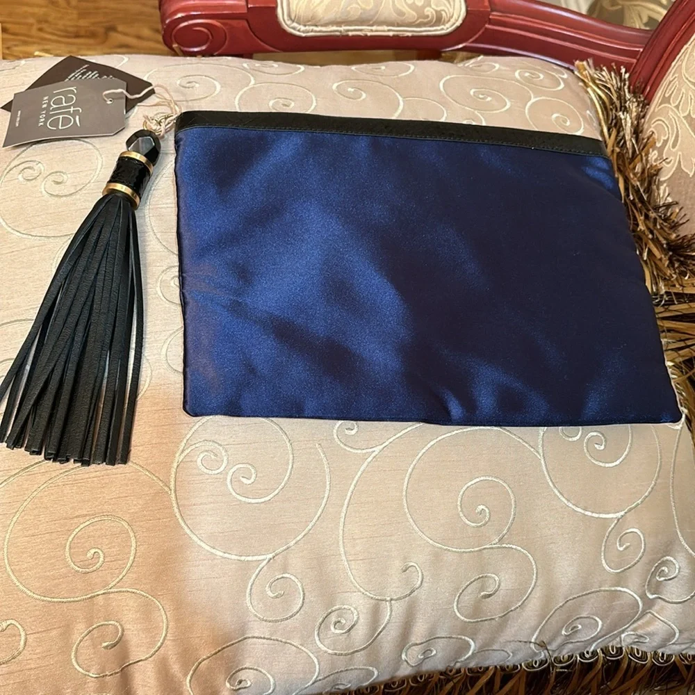 Rafe New York LG GELIA blue satin leather trimmed embellished studded clutch